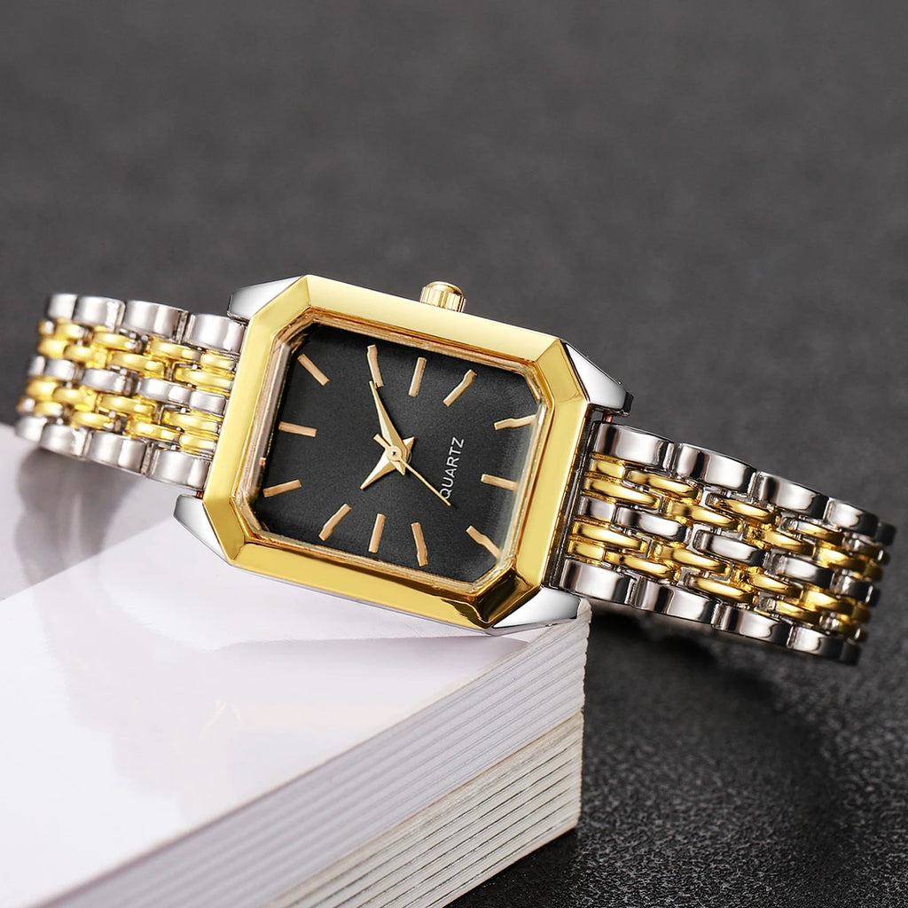 Fashion Rectangle Women's Quartz Watch Set – Casual Alloy Strap Ladies Wristwatch 2PCS