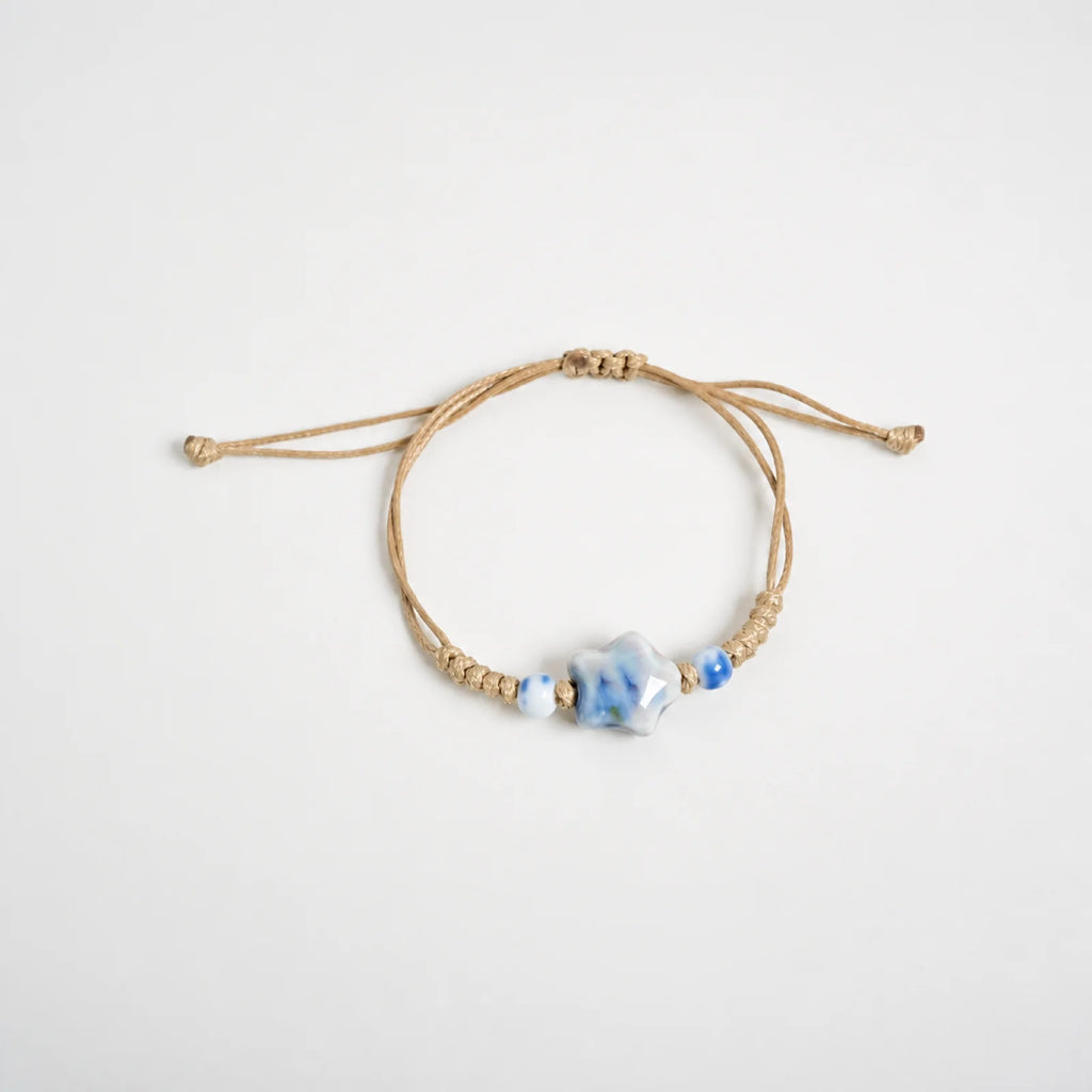 Handmade Blue & Green Star Ceramic Bead Bracelet – Adjustable Woven Wax Cord Artisan Jewelry