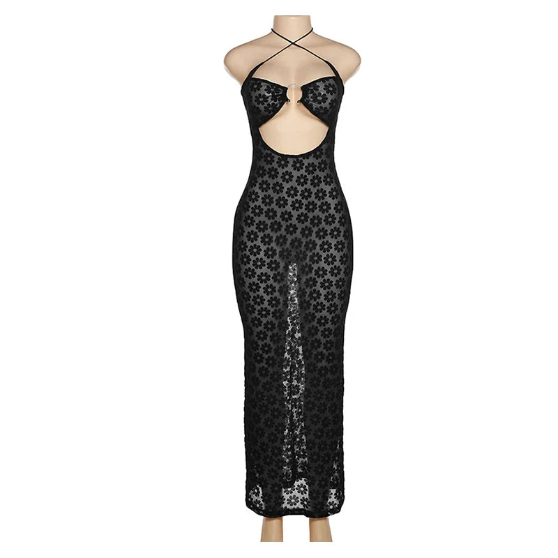 Hollow Halter Neck See-Through Maxi Dress