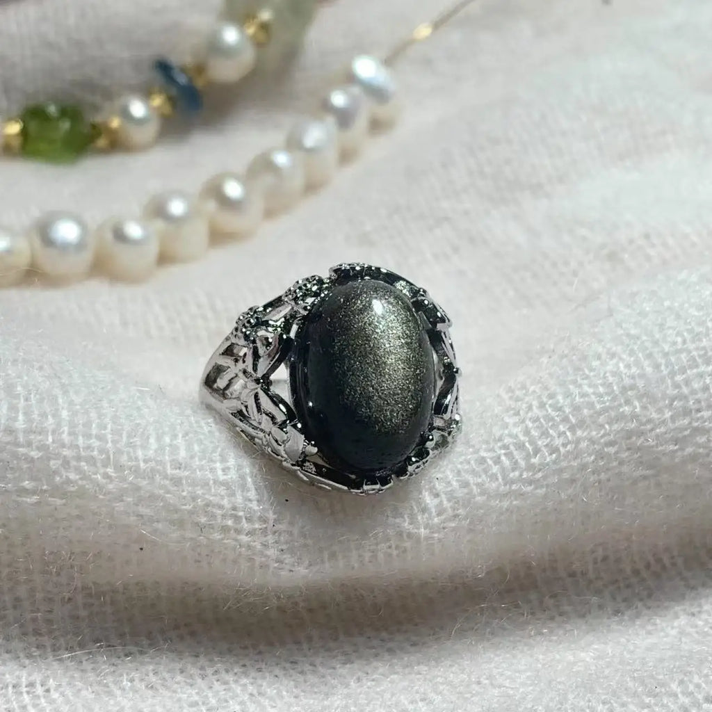 Natural Obsidian Adjustable Ring – Vintage Gemstone Ring for Women