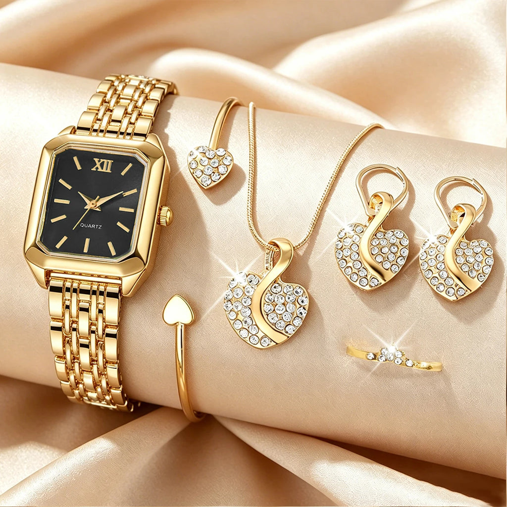 Elegant Rectangle Women's Quartz Watch & Rhinestone Heart Jewelry Set – 6PCS Ladies Wristwatch