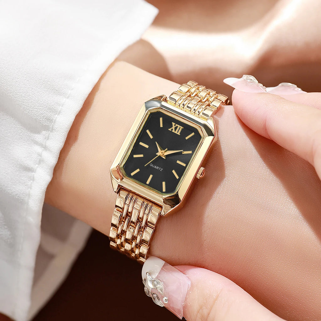 Elegant Rectangle Women's Quartz Watch & Rhinestone Jewelry Set – 6PCS Ladies Wristwatch