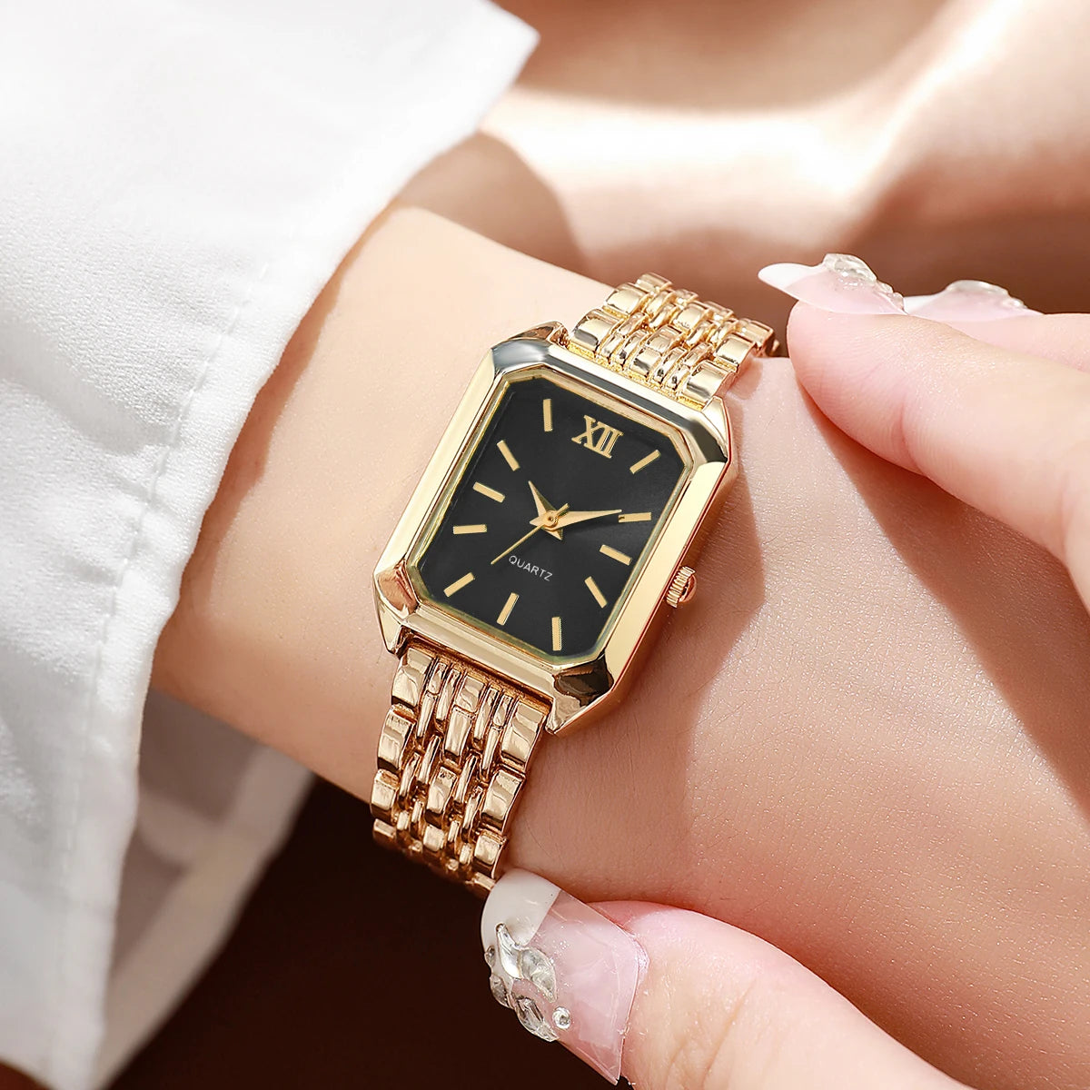 Elegant Rectangle Women's Quartz Watch & Rhinestone Jewelry Set – 6PCS Ladies Wristwatch