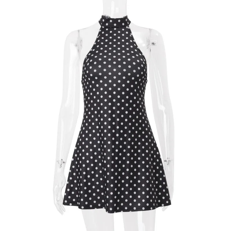 Polka Dot Off Shoulder Backless Halter Mini Dress