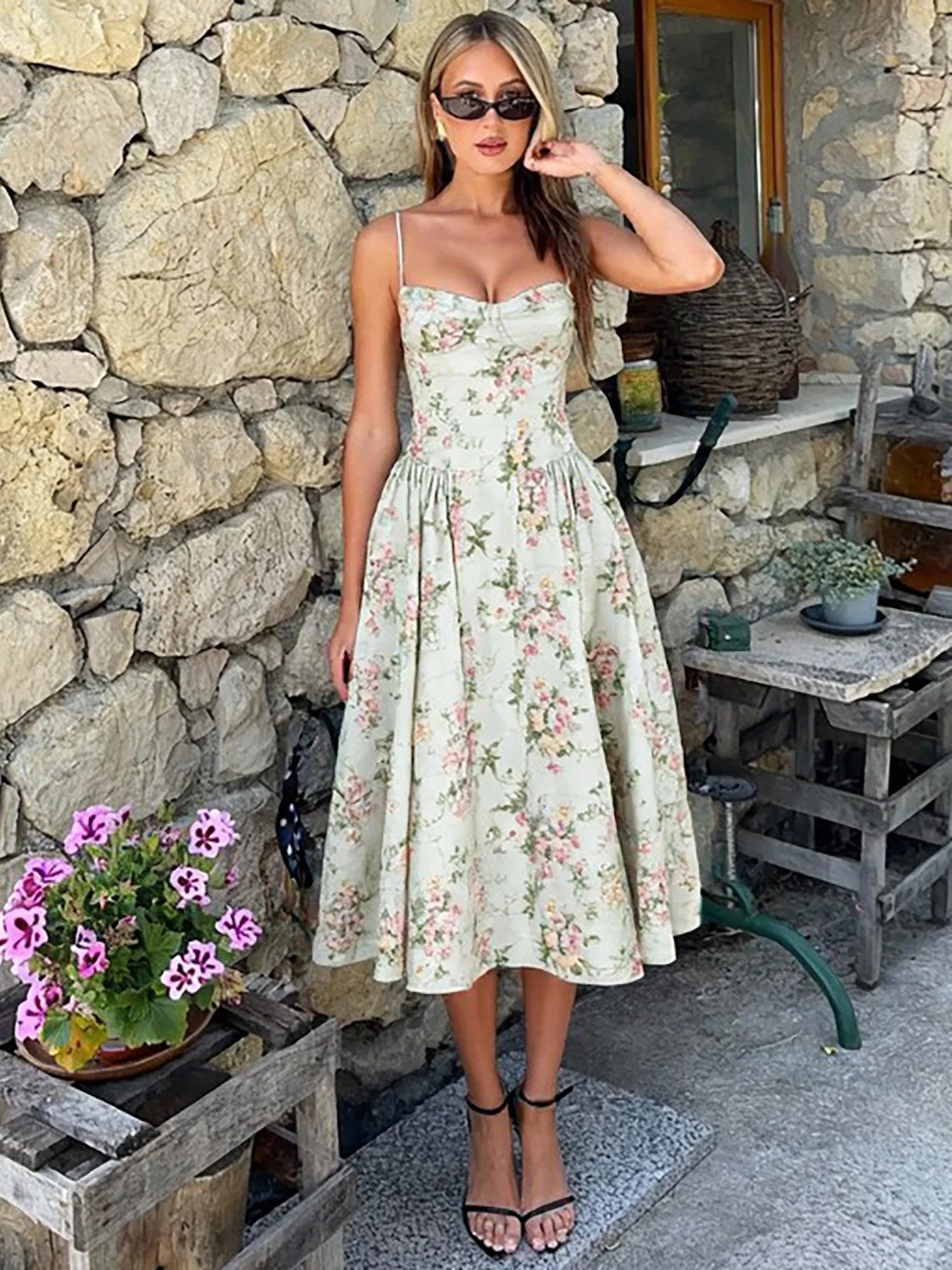 Women's Vintage Floral High Waist A-Line Midi Dress - Green Summer Sundress