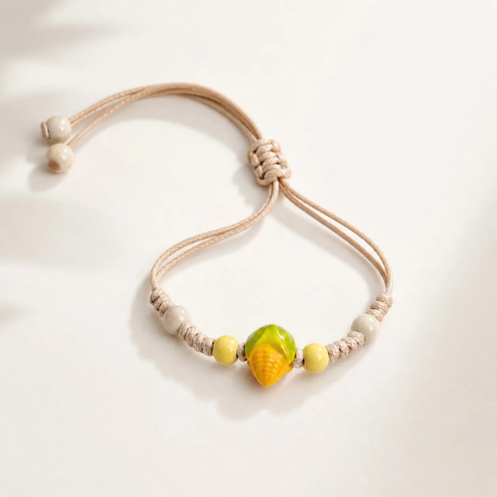 Handmade Ceramic Corn Charm Bracelet – Adjustable Wax Cord Boho Jewelry Gift for Women
