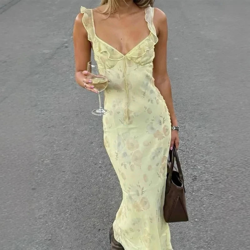 Women's Summer Flower Printed Backless Halter Maxi Dress - Low-cut Style