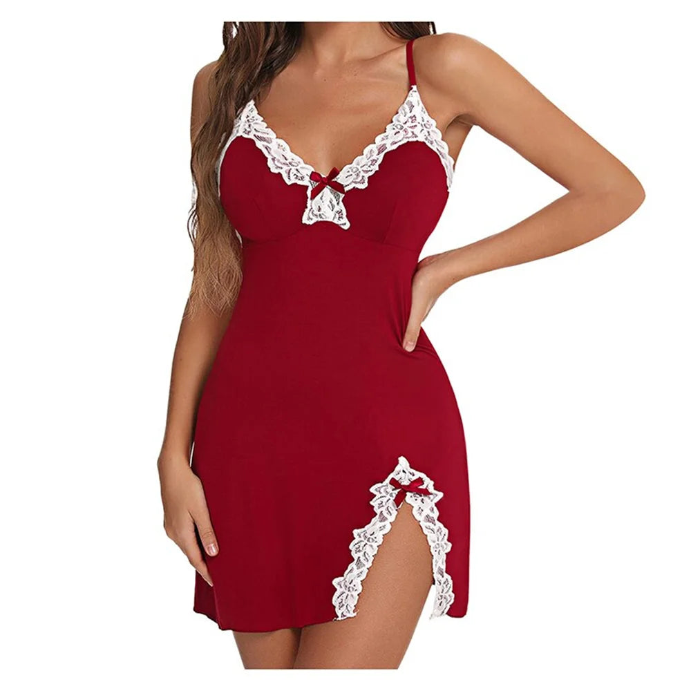 Sexy lace satin nightgown with V-neck and split hem, soft and sleeveless