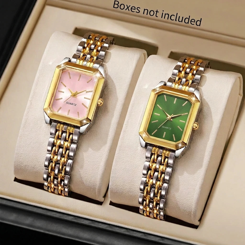 Fashion Rectangle Women's Quartz Watch Set – Casual Alloy Strap Ladies Wristwatch 2PCS