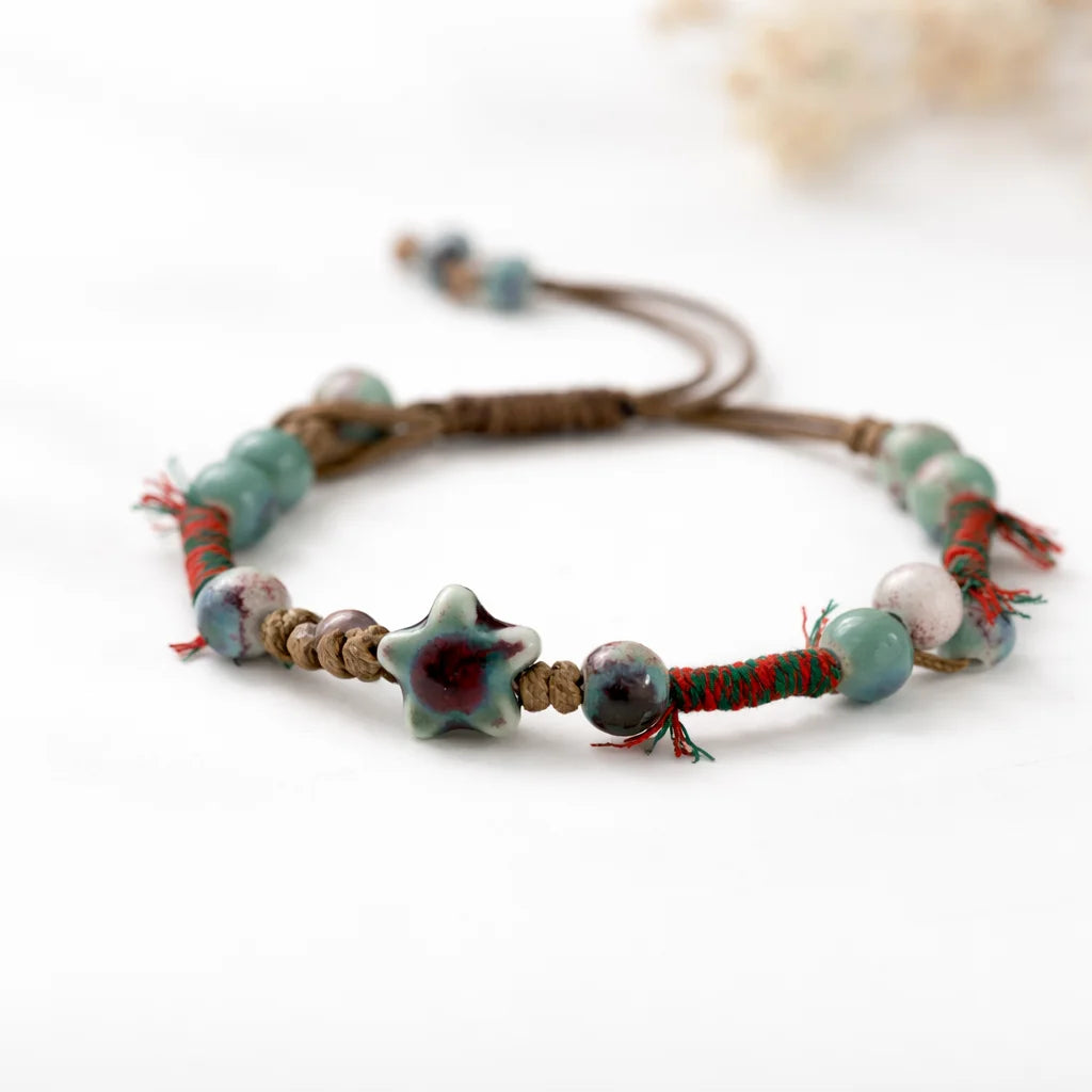 Handmade Green Star Ceramic Bracelet – Adjustable Artistic Beaded Jewelry for Women