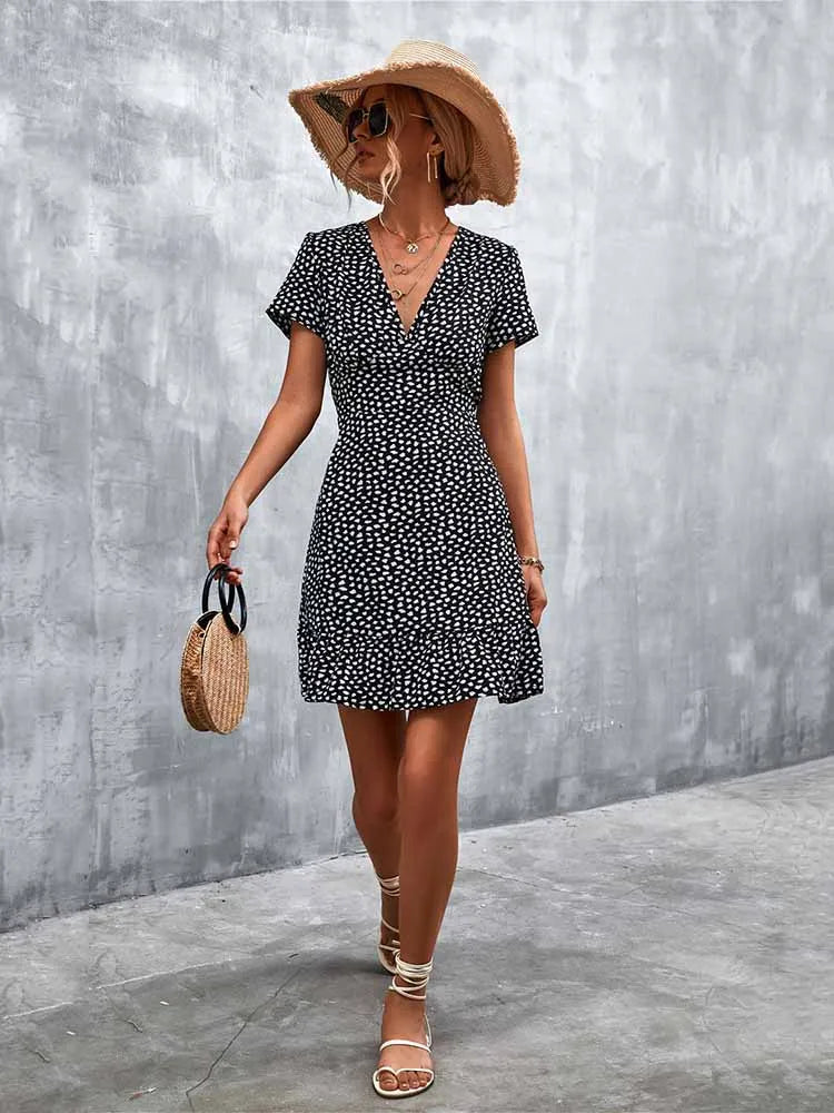 Boho Floral Print V-Neck Mini Dress