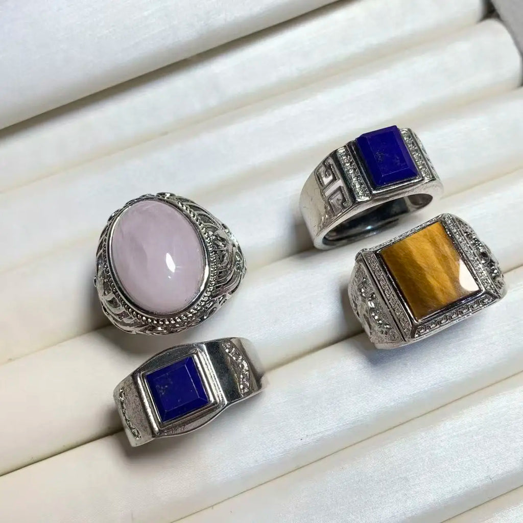 Natural Lapis & Tiger's Eye Ring – Adjustable Vintage Gemstone Ring for Men & Women