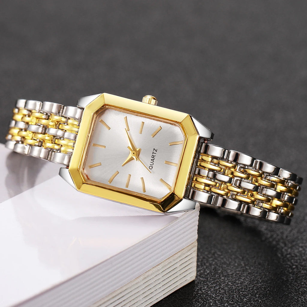 Fashion Rectangle Women's Quartz Watch Set – Casual Alloy Strap Ladies Wristwatch 2PCS