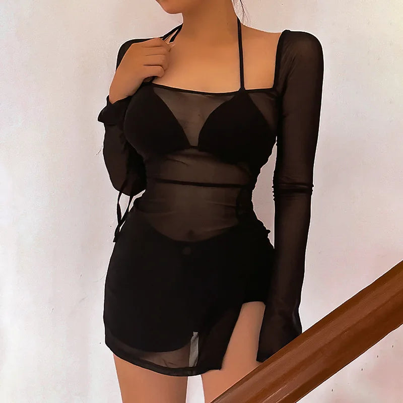 Square Collar Sheer Long Sleeve Mini Dress