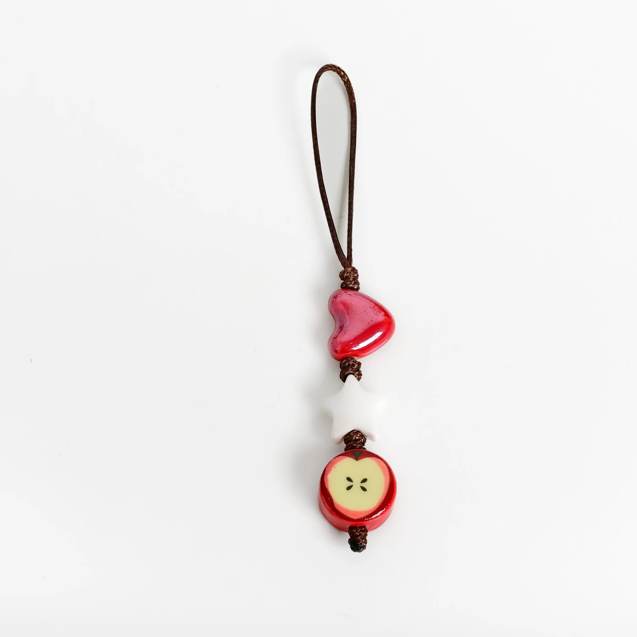 Handmade Ceramic Heart Star Apple Bag Charm – Braided Wax Cord Everyday Accessory