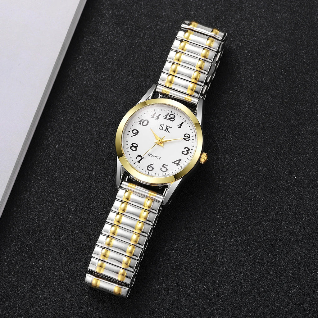 Elegant Elastic Strap Women's Quartz Watch – Small Arabic Dial Ladies Wristwatch Set