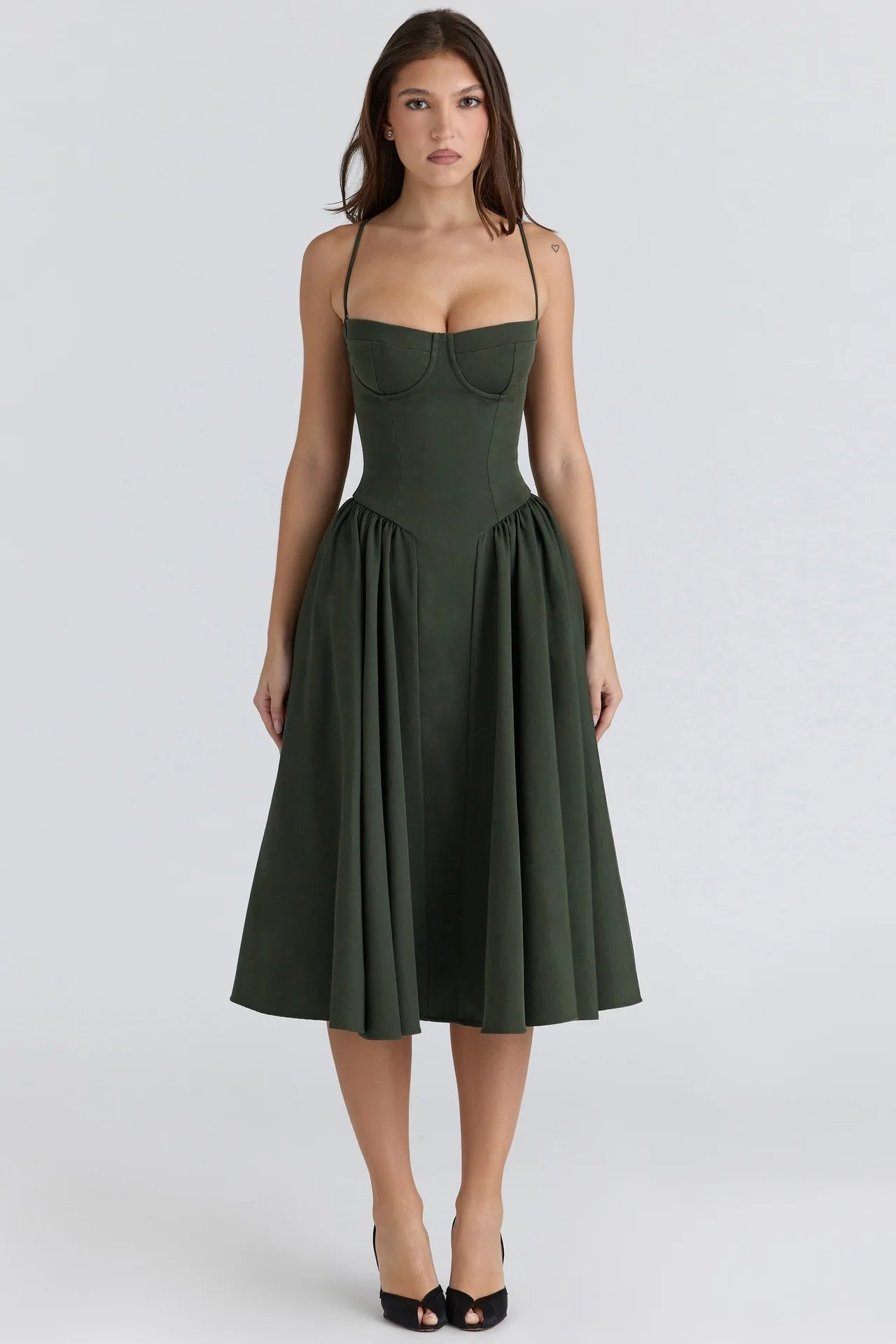 Women's Vintage Floral High Waist A-Line Midi Dress - Green Summer Sundress
