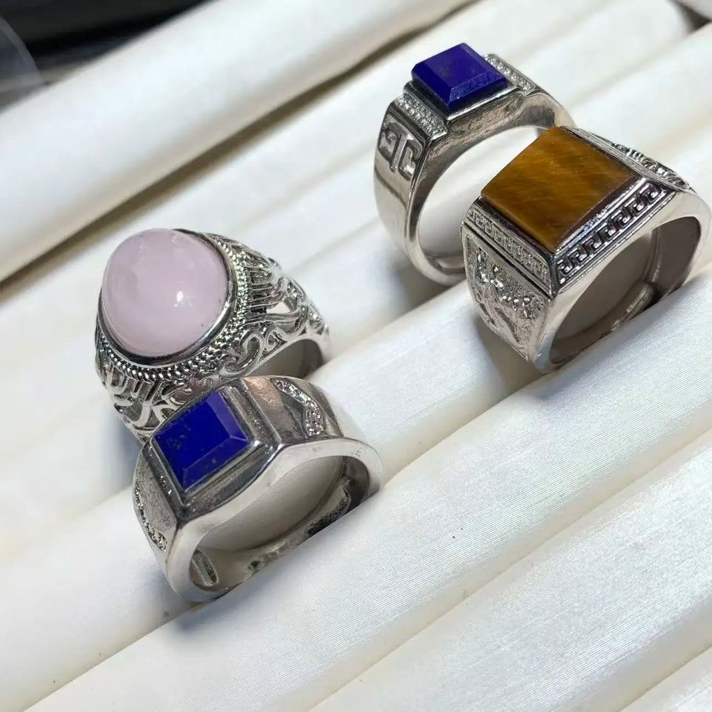 Natural Lapis & Tiger's Eye Ring – Adjustable Vintage Gemstone Ring for Men & Women