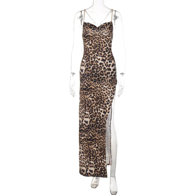 Leopard Print Chain Strap Maxi Dress