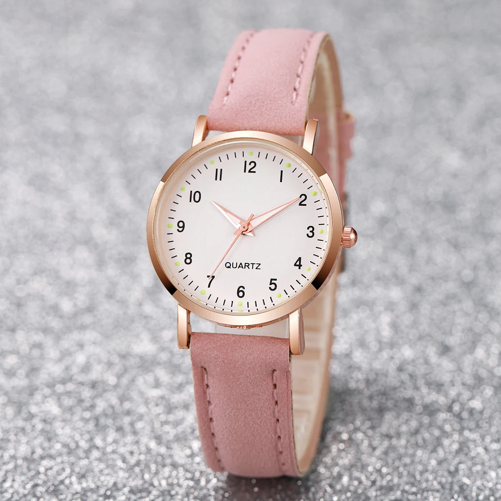 Fashion Women's Leather Quartz Watch & Heart Bracelet Set – 4/6PCS Arabic Dial Wristwatch