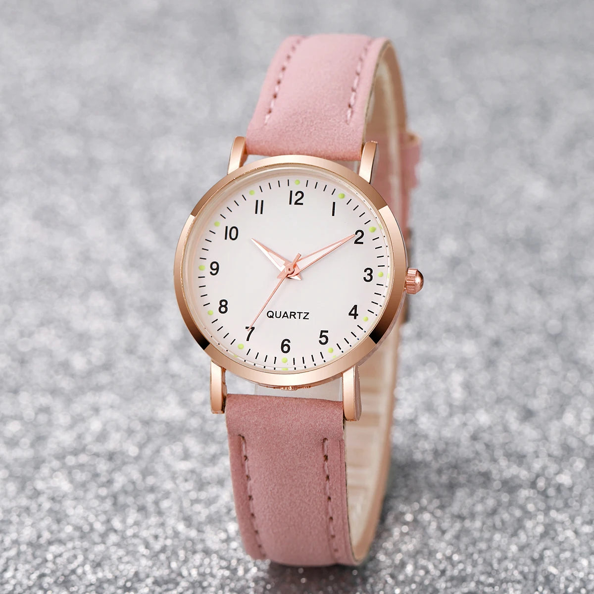 Fashion Women's Leather Quartz Watch & Heart Bracelet Set – 4/6PCS Arabic Dial Wristwatch