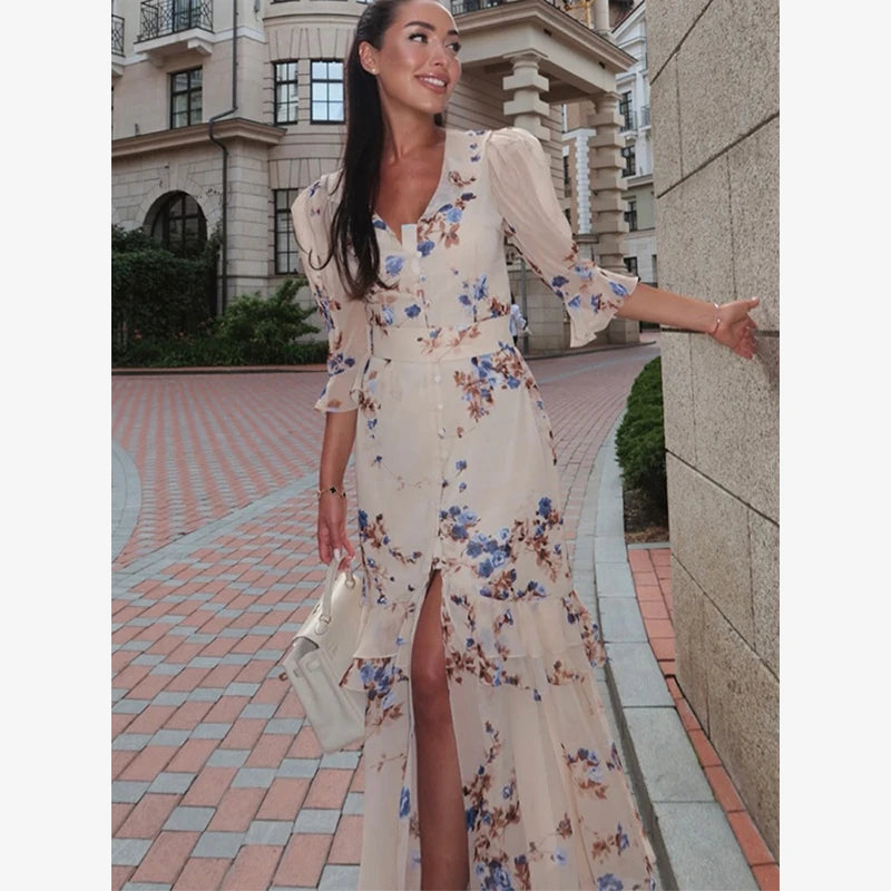 Women's Printed Gathered Swing Midi Dress - Spaghetti Strap High Waist