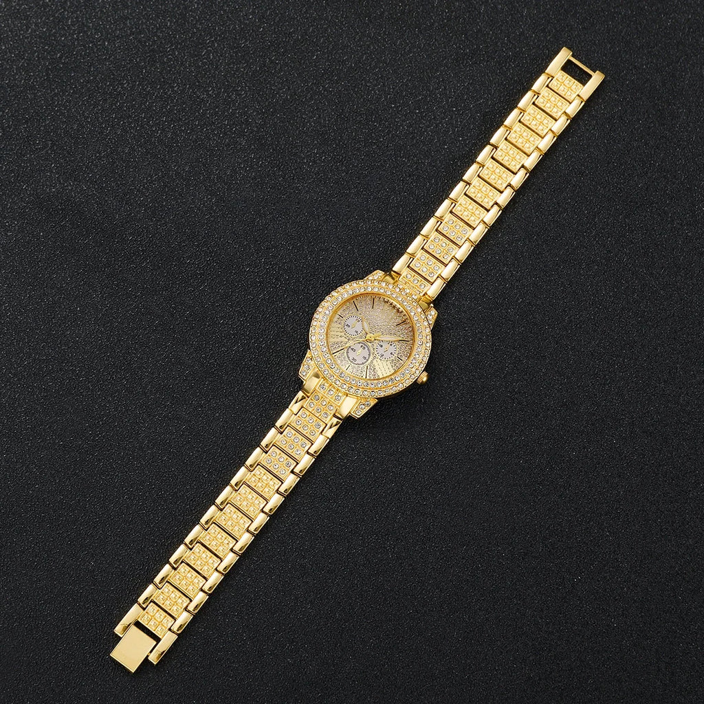 Luxury Full Diamond Women's Quartz Watch & Heart Bracelet Set – 2PCS Ladies Wristwatch