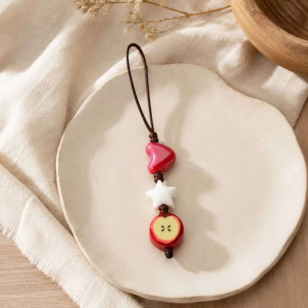 Handmade Ceramic Heart Star Apple Bag Charm – Braided Wax Cord Everyday Accessory
