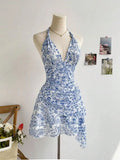 Women's Summer Blue Floral Mesh Dress - V Neck Elegant Slim Fit