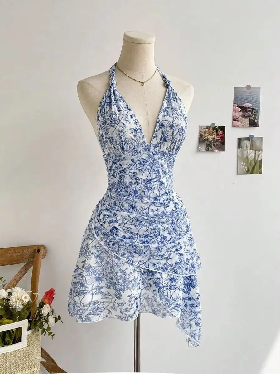 Women's Summer Blue Floral Mesh Dress - V Neck Elegant Slim Fit