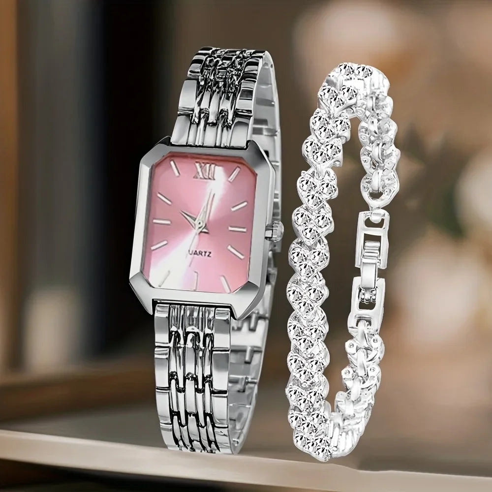 Fashion Rectangle Women's Quartz Watch & Rhinestone Bracelet Set – 2PCS Roma Dial Wristwatch