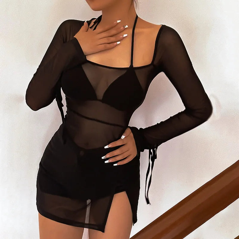 Square Collar Sheer Long Sleeve Mini Dress