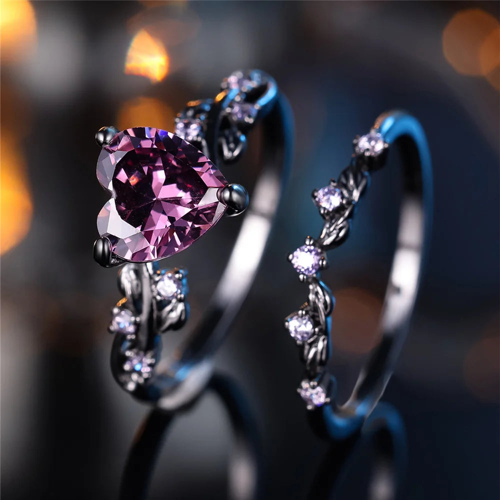 Black Red Zircon Heart Engagement Ring Set for Women, Vintage Black Gold Color, Bridal Wedding Bands