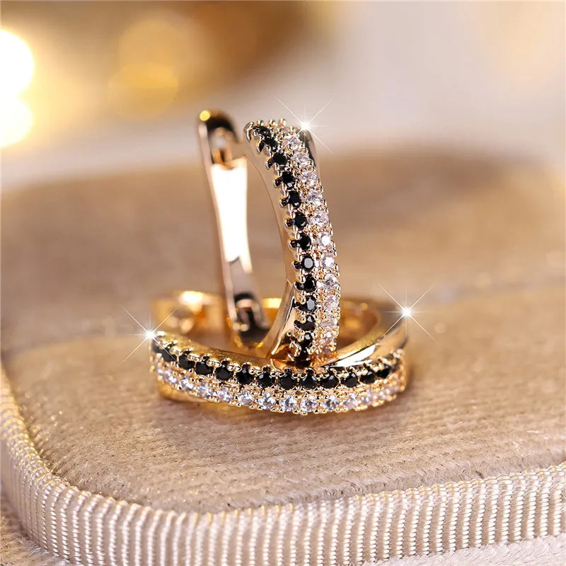 Black & White Zircon Clip Earrings – Gold Tone Wedding Jewelry for Women