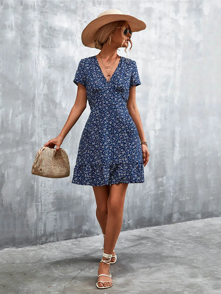 Boho Floral Print V-Neck Mini Dress