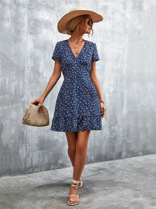 Boho Floral Print V-Neck Mini Dress
