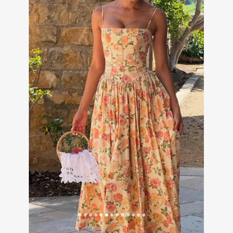 Women's Printed Gathered Swing Midi Dress - Spaghetti Strap High Waist