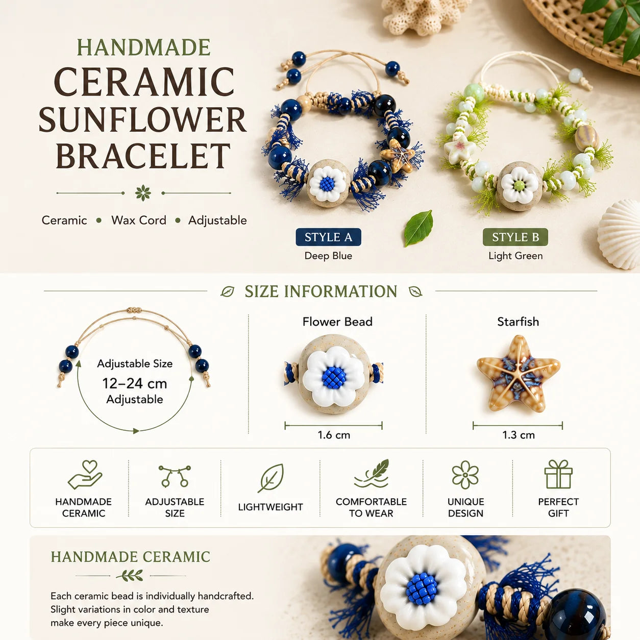 Handmade Ceramic Sunflower Bracelet – Adjustable Wax Cord Boho Floral Jewelry for Women