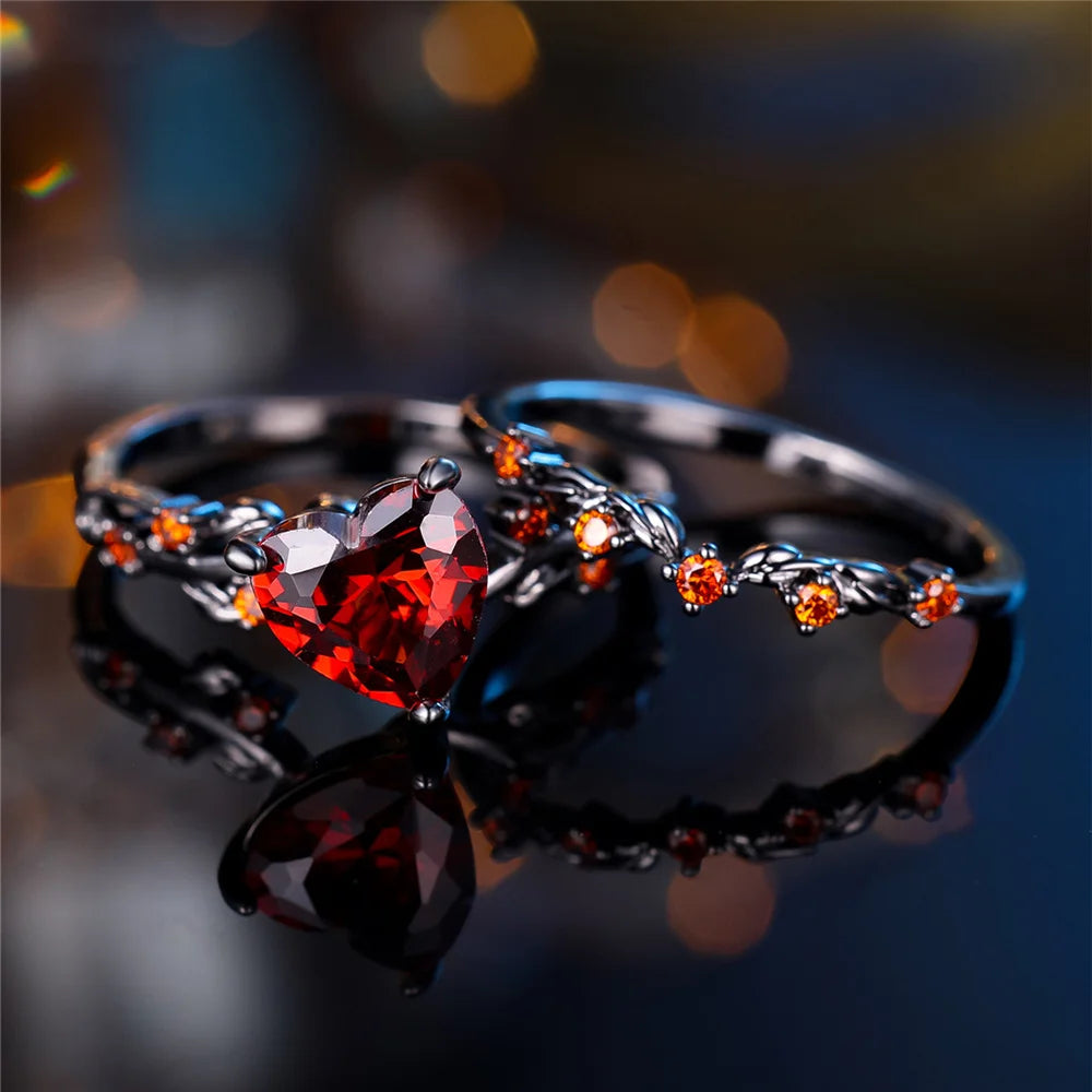 Black Red Zircon Heart Engagement Ring Set for Women, Vintage Black Gold Color, Bridal Wedding Bands