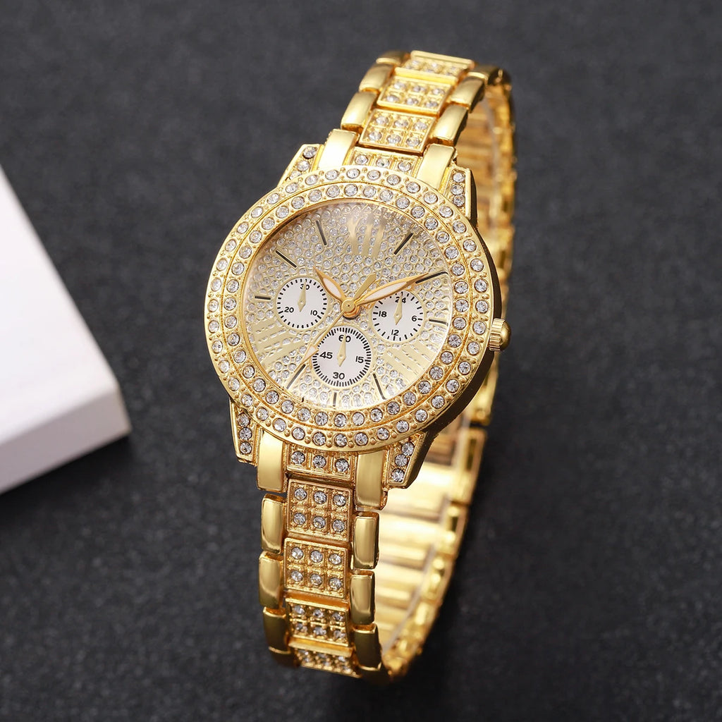 Luxury Full Diamond Women's Quartz Watch & Heart Bracelet Set – 2PCS Ladies Wristwatch