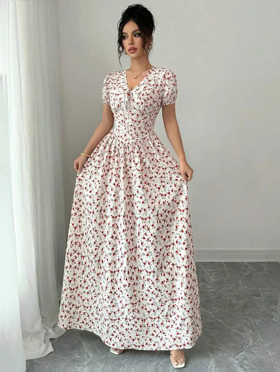 Women's Ditsy Floral Maxi Dress - Puff Sleeve Elastic Waist