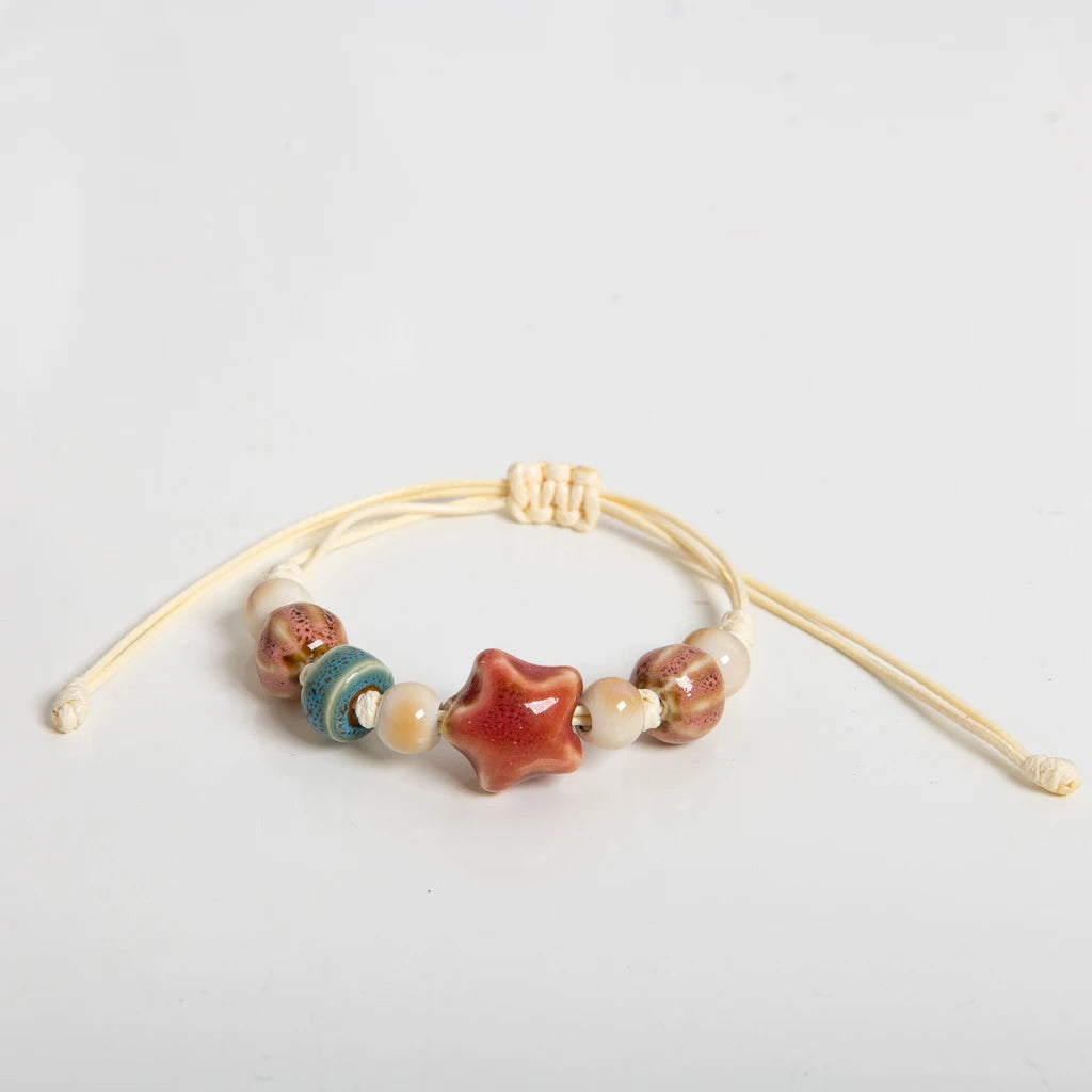 Handmade Ceramic Peach Star & Melon Bead Bracelet – Adjustable Multicolor Wax Cord Boho Jewelry