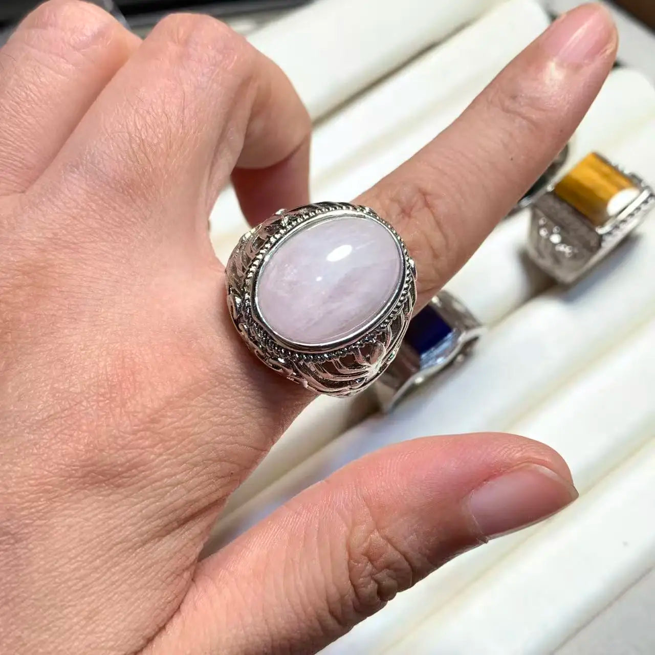 Natural Lapis & Tiger's Eye Ring – Adjustable Vintage Gemstone Ring for Men & Women
