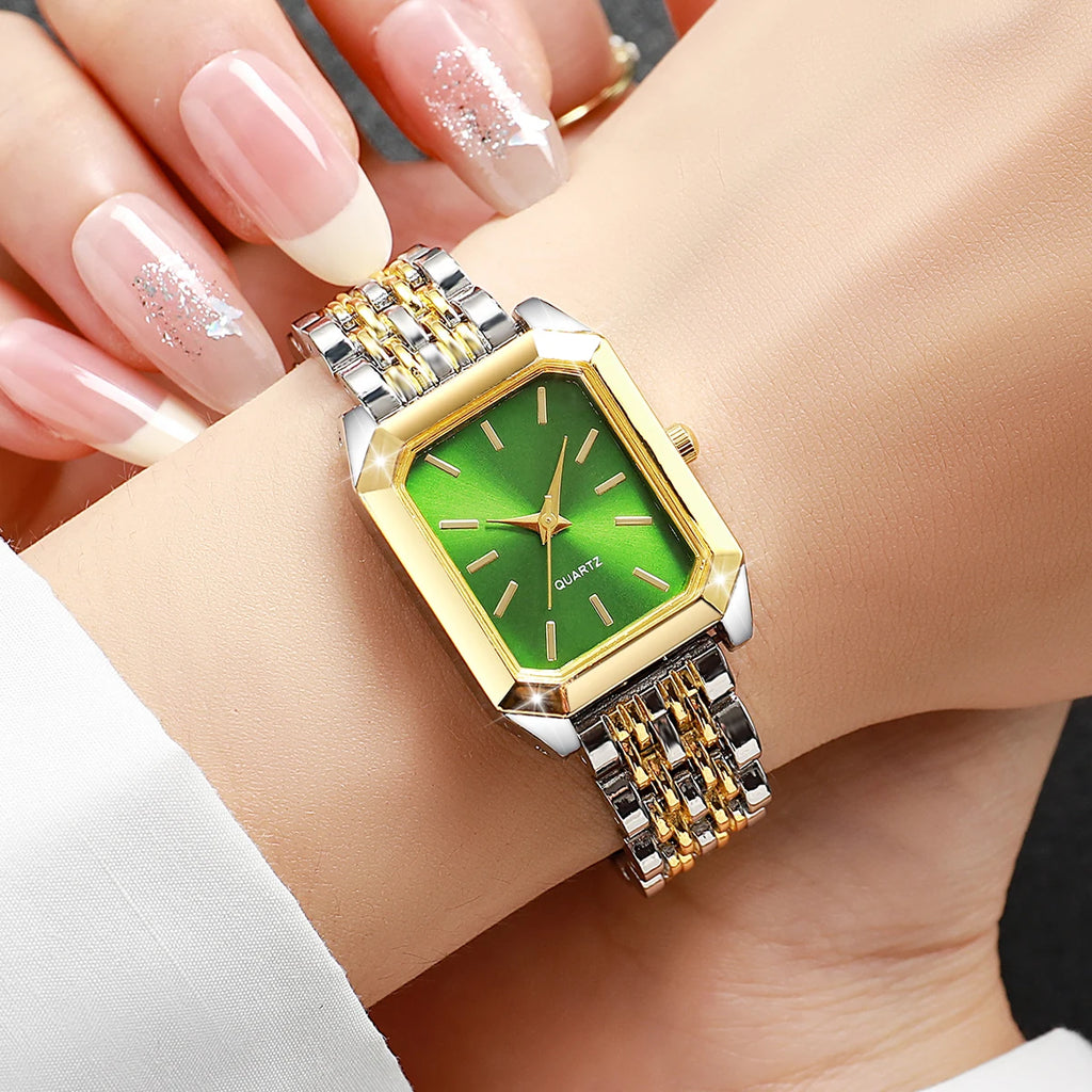 Fashion Rectangle Women's Quartz Watch Set – Casual Alloy Strap Ladies Wristwatch 2PCS