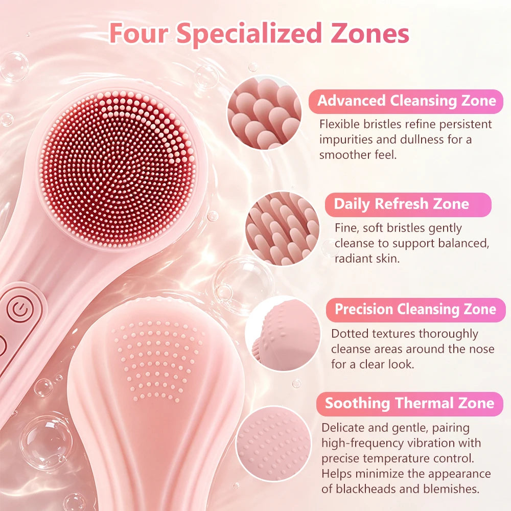 Sonic Silicone Facial Cleansing Brush – IPX7 Waterproof with Warm Massage