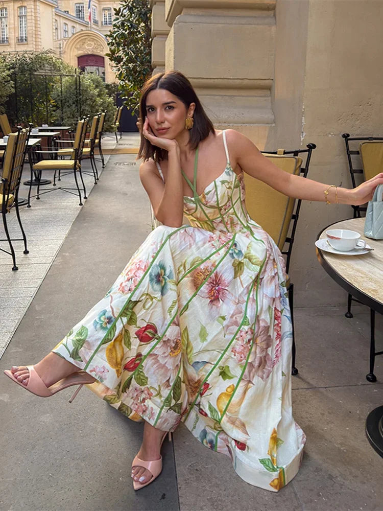 Women's Printed Sleeveless Sling Halter Maxi Dress - Waist Cinching A-line Style
