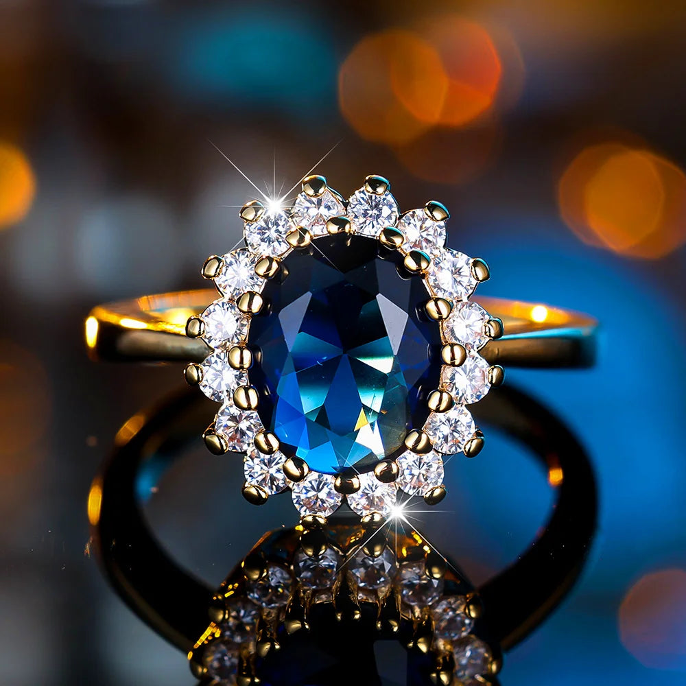 Luxury Crystal Blue Oval Zircon Engagement Ring for Women
