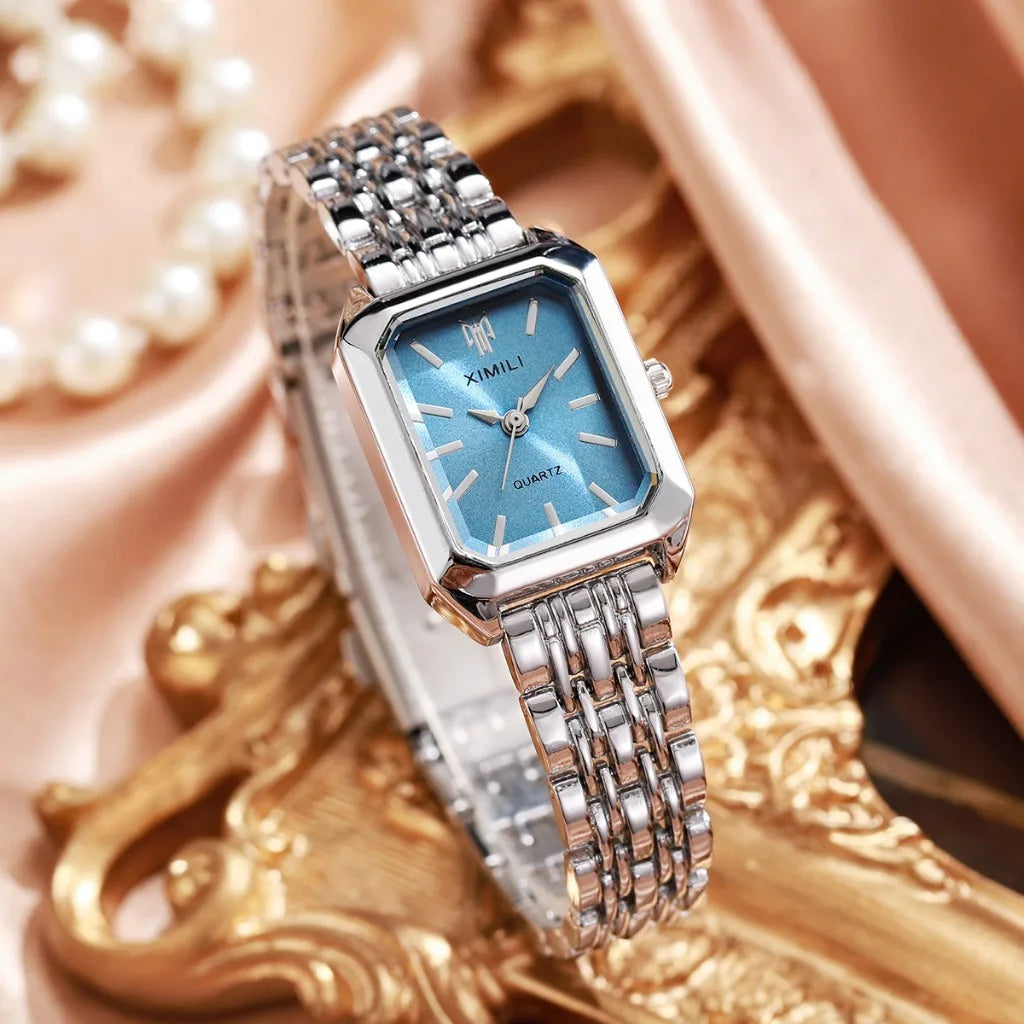 Fashion Rectangle Women's Quartz Watch & Jewelry Set – 6PCS Steel Band Wristwatch