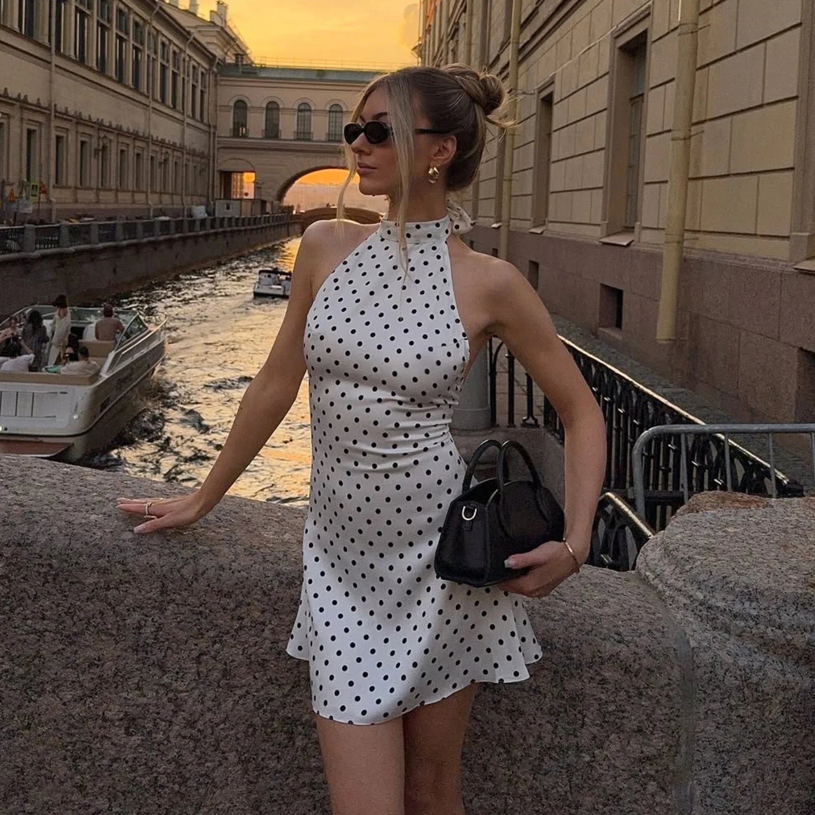 Polka Dot Off Shoulder Backless Halter Mini Dress