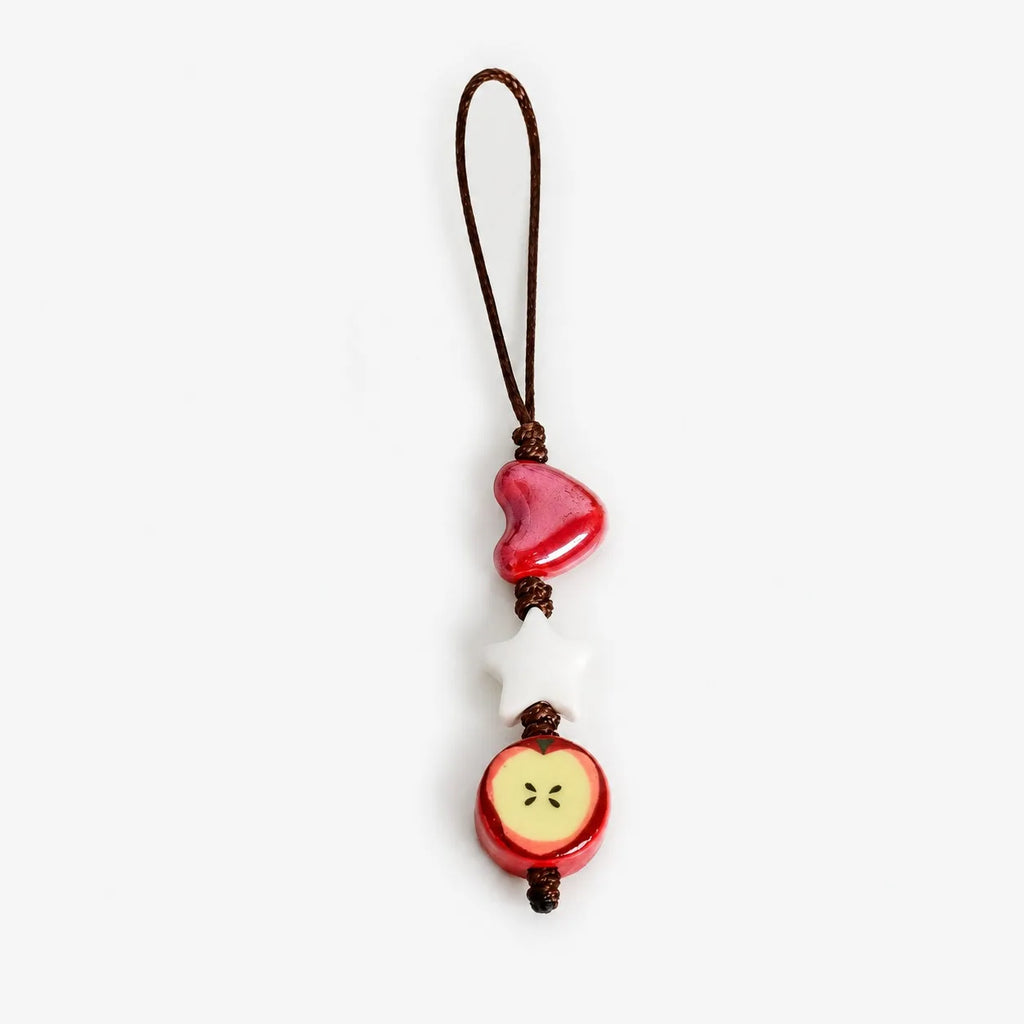 Handmade Ceramic Heart Star Apple Bag Charm – Braided Wax Cord Everyday Accessory